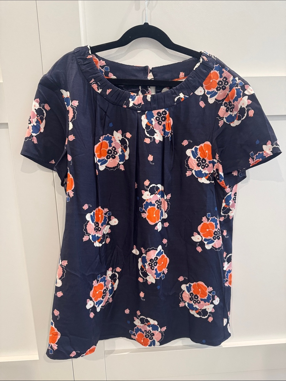 Boden Navy Floral Short-Sleeve Blouse with Pink & Orange Flowers